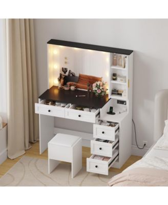 Makeup Vanity Desk Lighted Mirror and Cushioned Stool Wooden Dressing Table