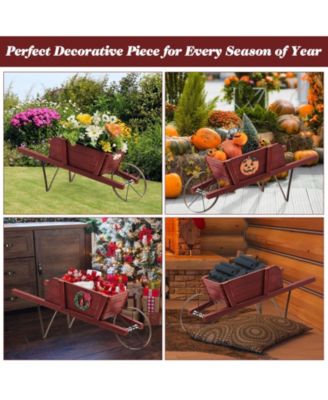 Wooden Wagon Planter Decorative Indoor/Outdoor Rustic Flower Cart with Wheel