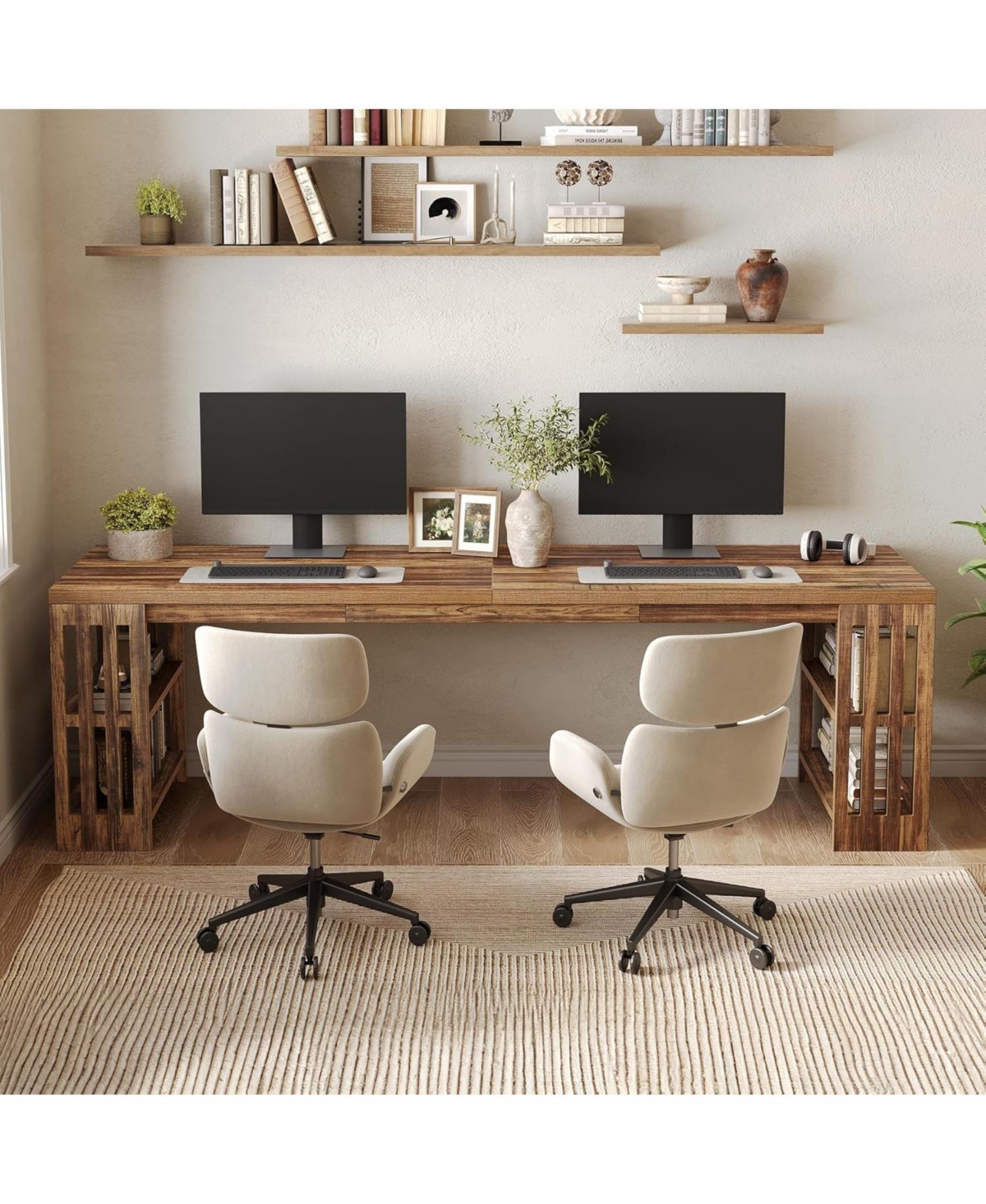 Tribesigns 78.7" Long Desk, 2 Person Desk with Shelves, Large Wooden Computer Desk, Heavy Duty Shelf Legs Design