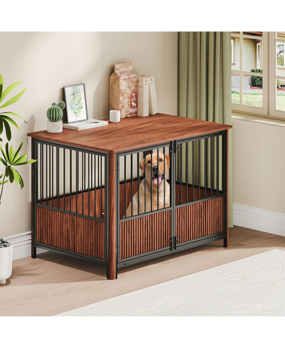 Aostirmotor 43" Furniture Style Dog Crate End Table, Walnut Fluted Wood Pet House for Large Dogs, Double Door Design