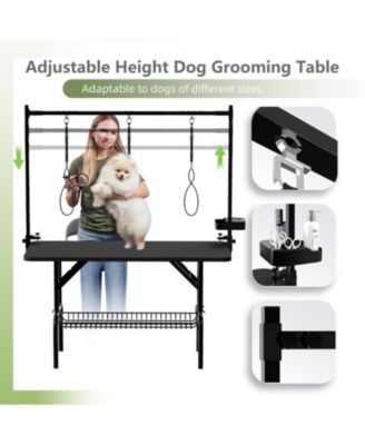 47" Large Dog Grooming Table, Foldable Adjustable Pet Station with Arms, Nooses & Mesh Drying Tray, Black