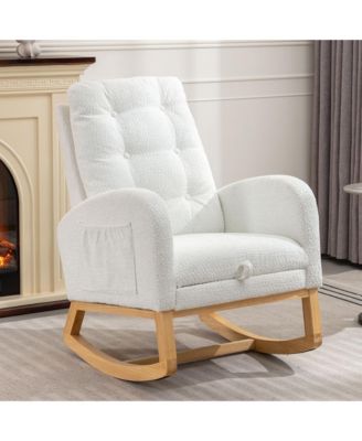 High Back Accent Rocking Chair with Footrest Rubber Wood Legs Side Storage Pocket for Bedroom Living Room Nursery