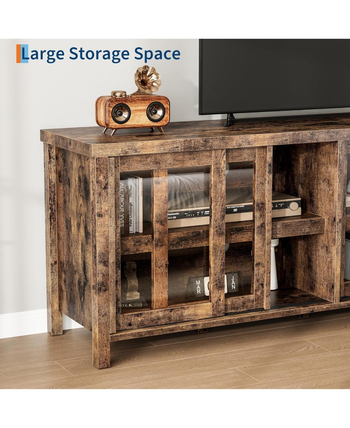 Gaomon 65 inch Tv Stand for 70" TVs, Entertainment Center with Storage Cabinet and 4 Sliding Glass Doors, Brown