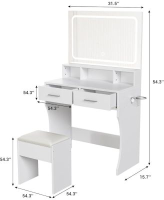 White 2-Drawer Lighted Vanity Desk, Sleek Makeup Dressing Table for Bedrooms