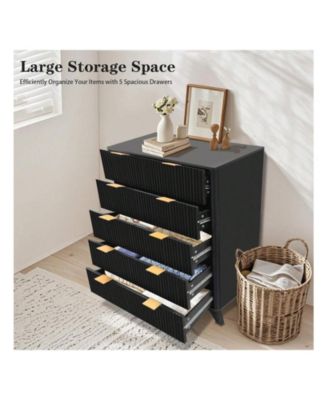 Tall 5-Drawer Wood Dresser, Waveform Fluted Panel Modern Chest of Drawers for Bedroom Clothes Storage