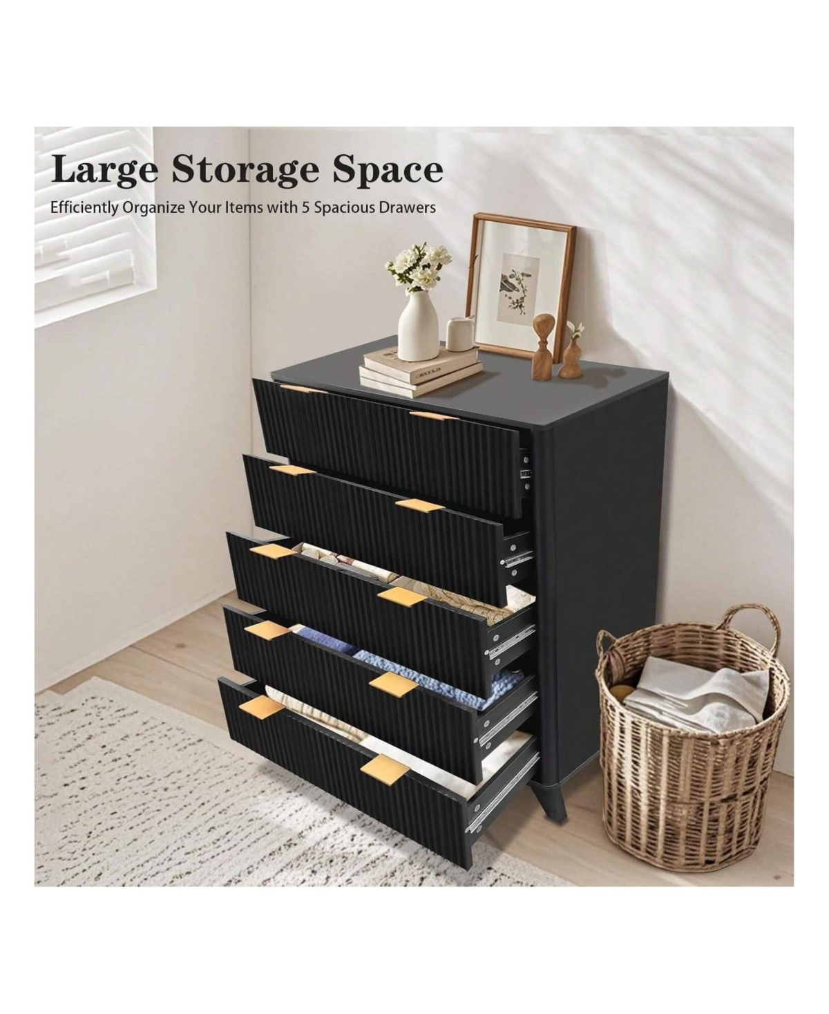 gaomon Tall 5-Drawer Wood Dresser, Waveform Fluted Panel Modern Chest of Drawers for Bedroom Clothes Storage