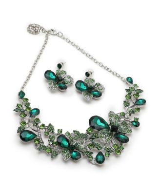 Women's Green Teardrop Flora Necklace And Earrings (Set Of 2)