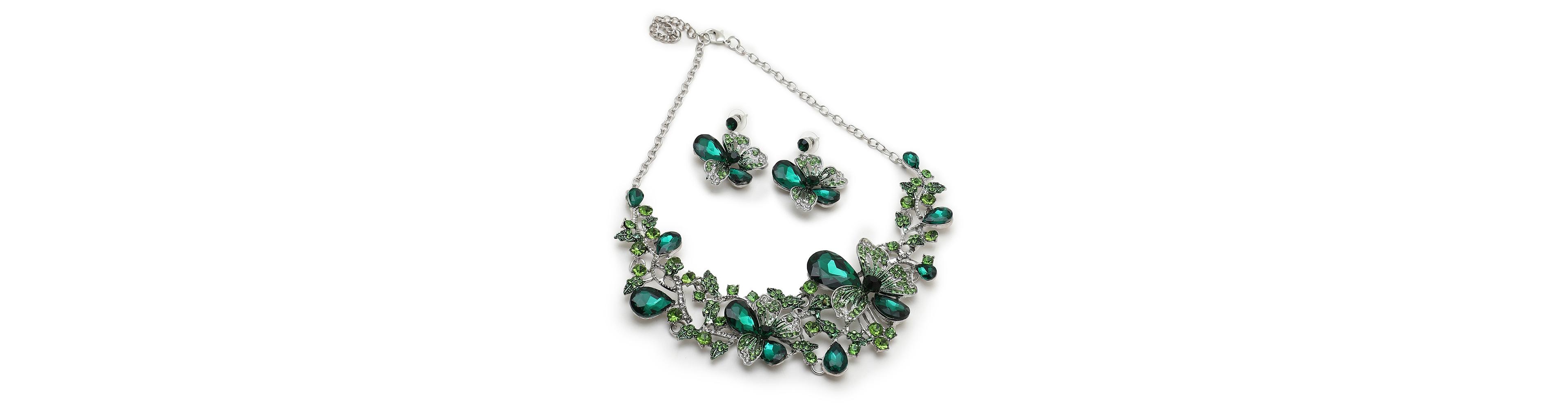 Sohi Women's Green Teardrop Flora Necklace And Earrings (Set Of 2)