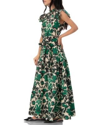 Women's Printed Ruffle-Sleeve Maxi Dress with Tie Waist
