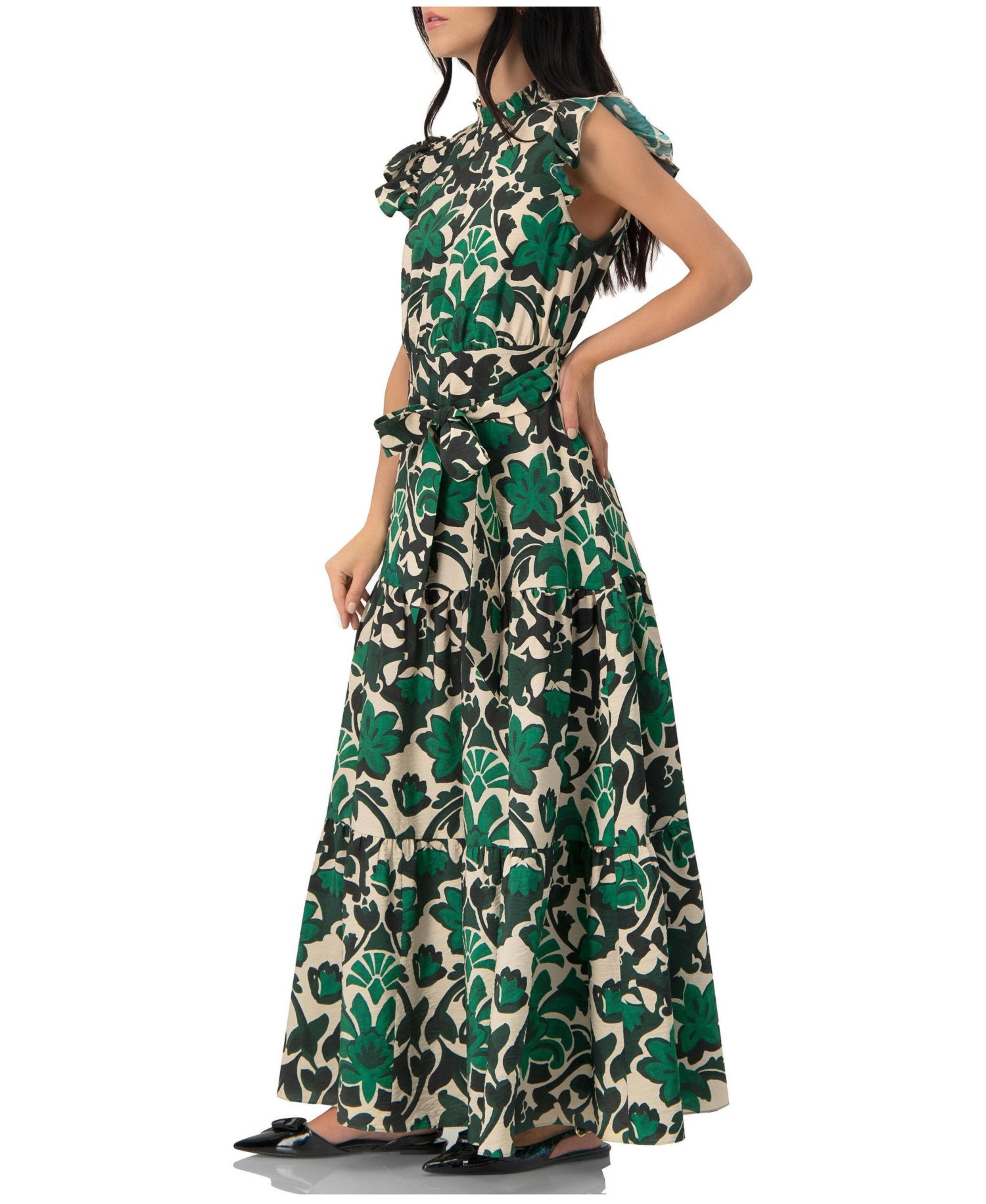 Women's Printed Ruffle-Sleeve Maxi Dress with Tie Waist