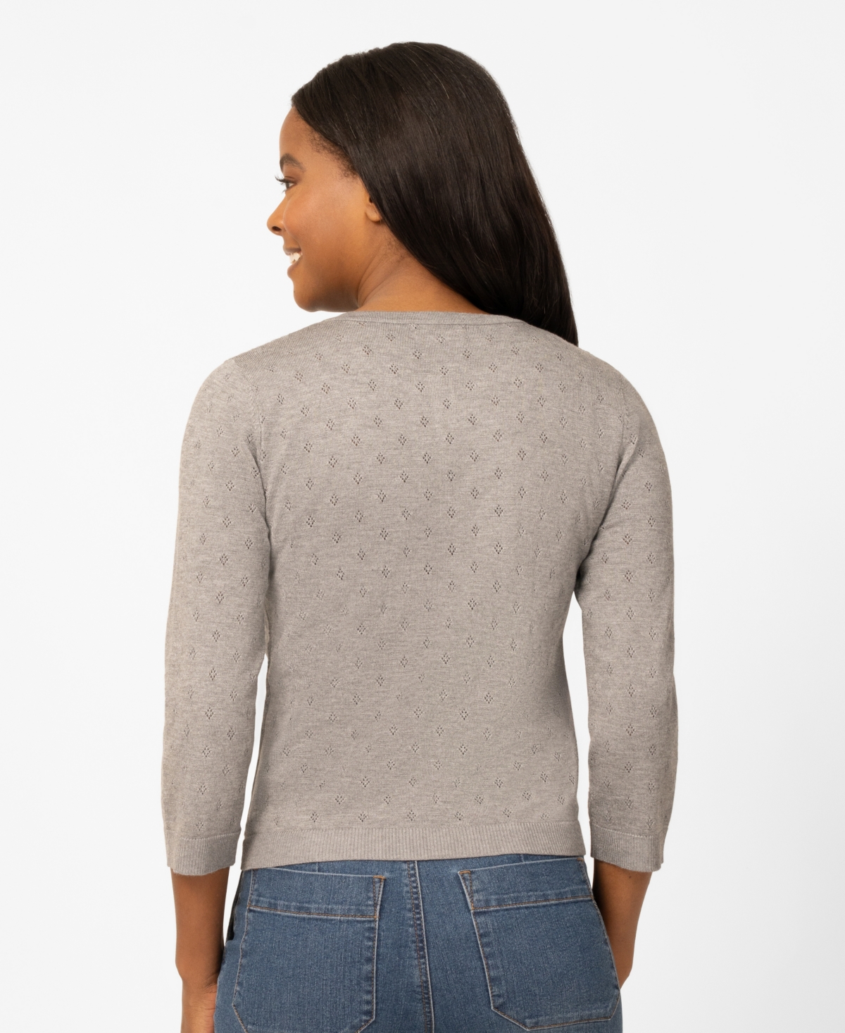Melissa Paige Petite Diamond Pointelle Button Crewneck Cardigan Sweater