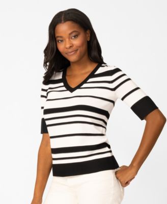 Petite Textured Stripe V-Neck Sweater