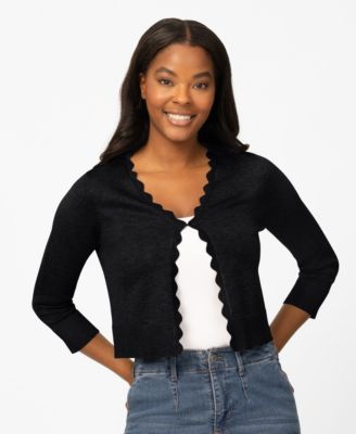 Women's 3/4-Sleeve Scalloped Cropped Cardigan Sweater