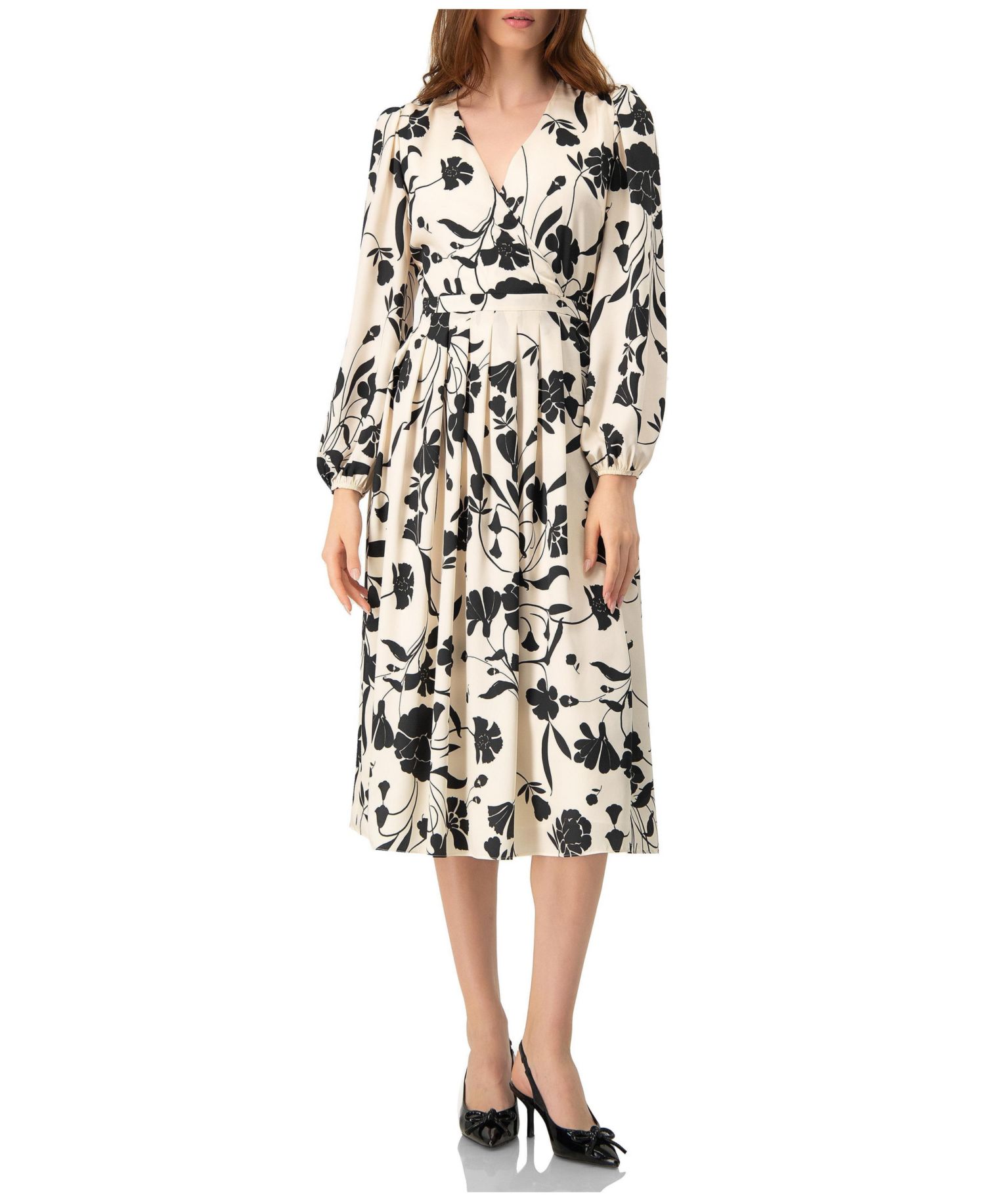 Women's V-Neck Midi Dress with Long Sleeves