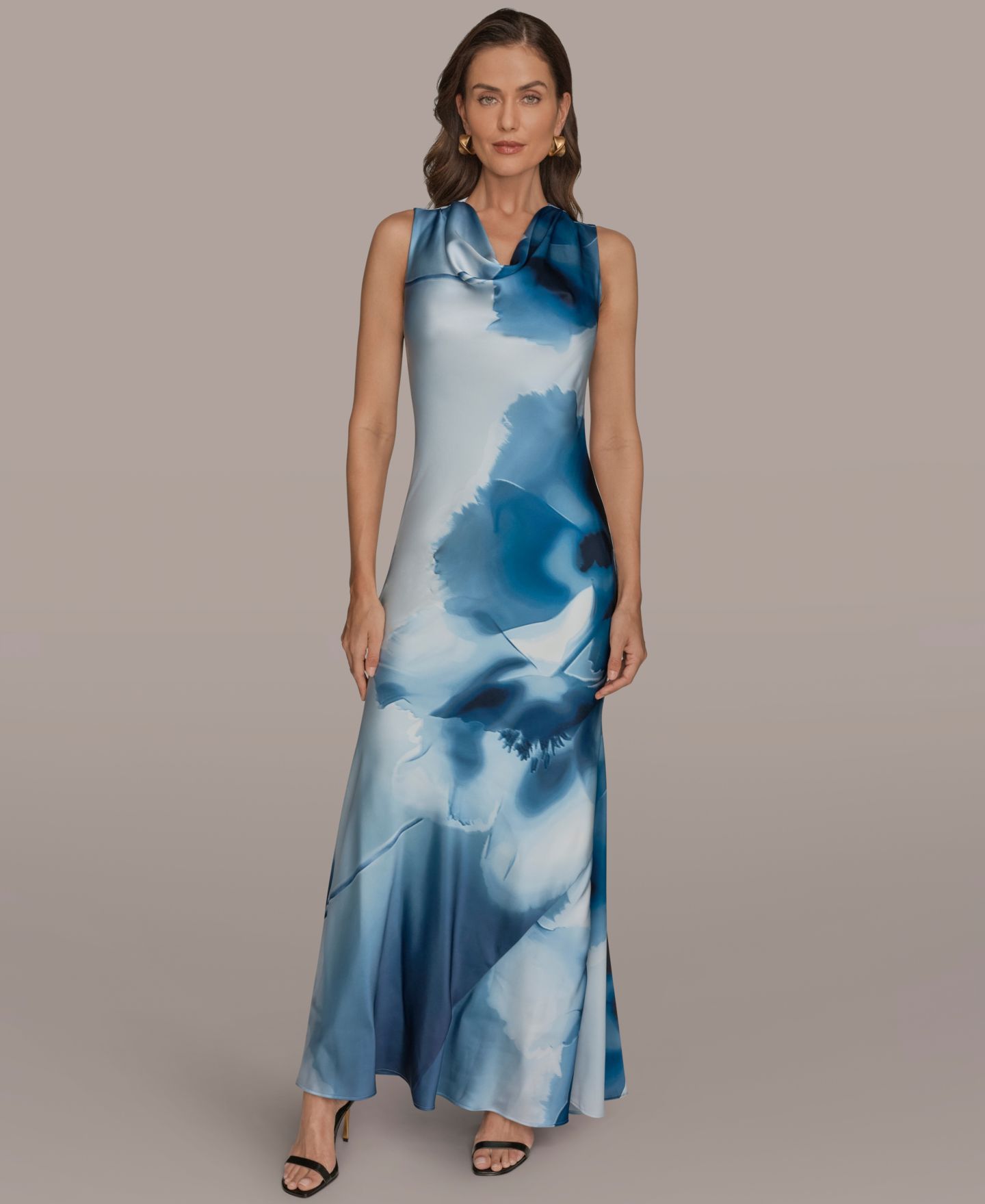 Женское платье Donna Karan New York Cowl Neck Floral Gown, цвет: Потёртый индиго разноцветный — фото 1
