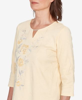 Petite Asymmetrical Floral Embroidered Split Neck Top