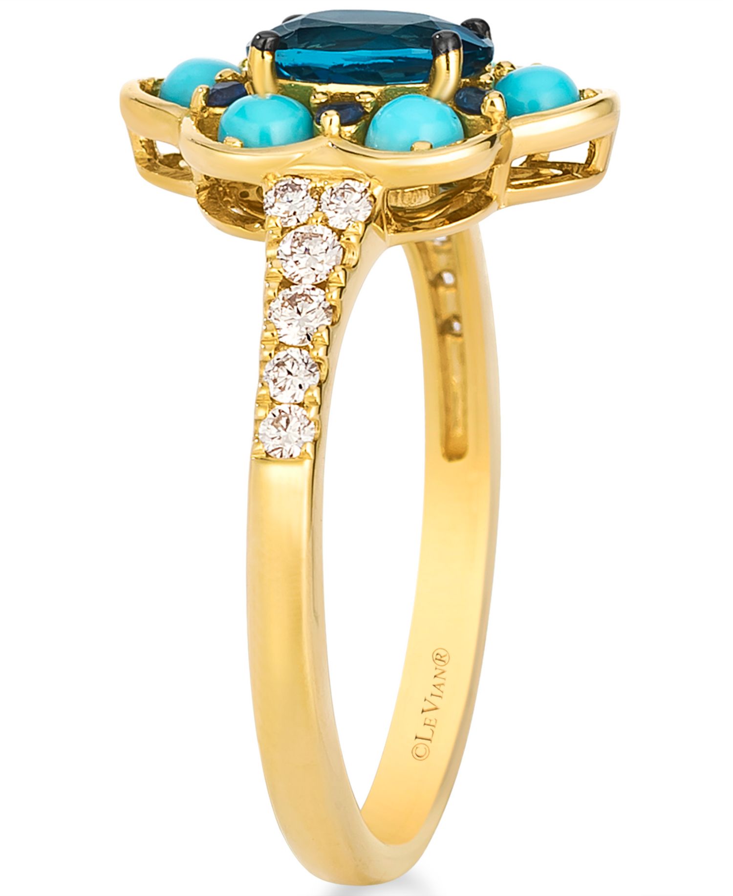 London Blue Topaz (3/4 ct. t.w.), Sapphire (2/25 ct. t.w.), Turquoise (11/25 ct. t.w.) Ring in 14k Honey Gold