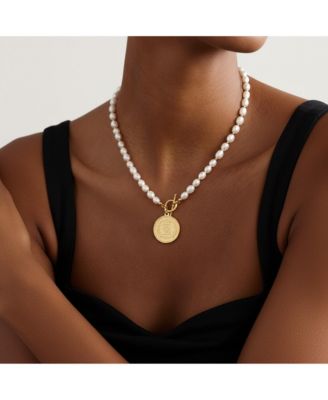 Pearl Necklace with Gold Coin Pendant & Toggle Clasp