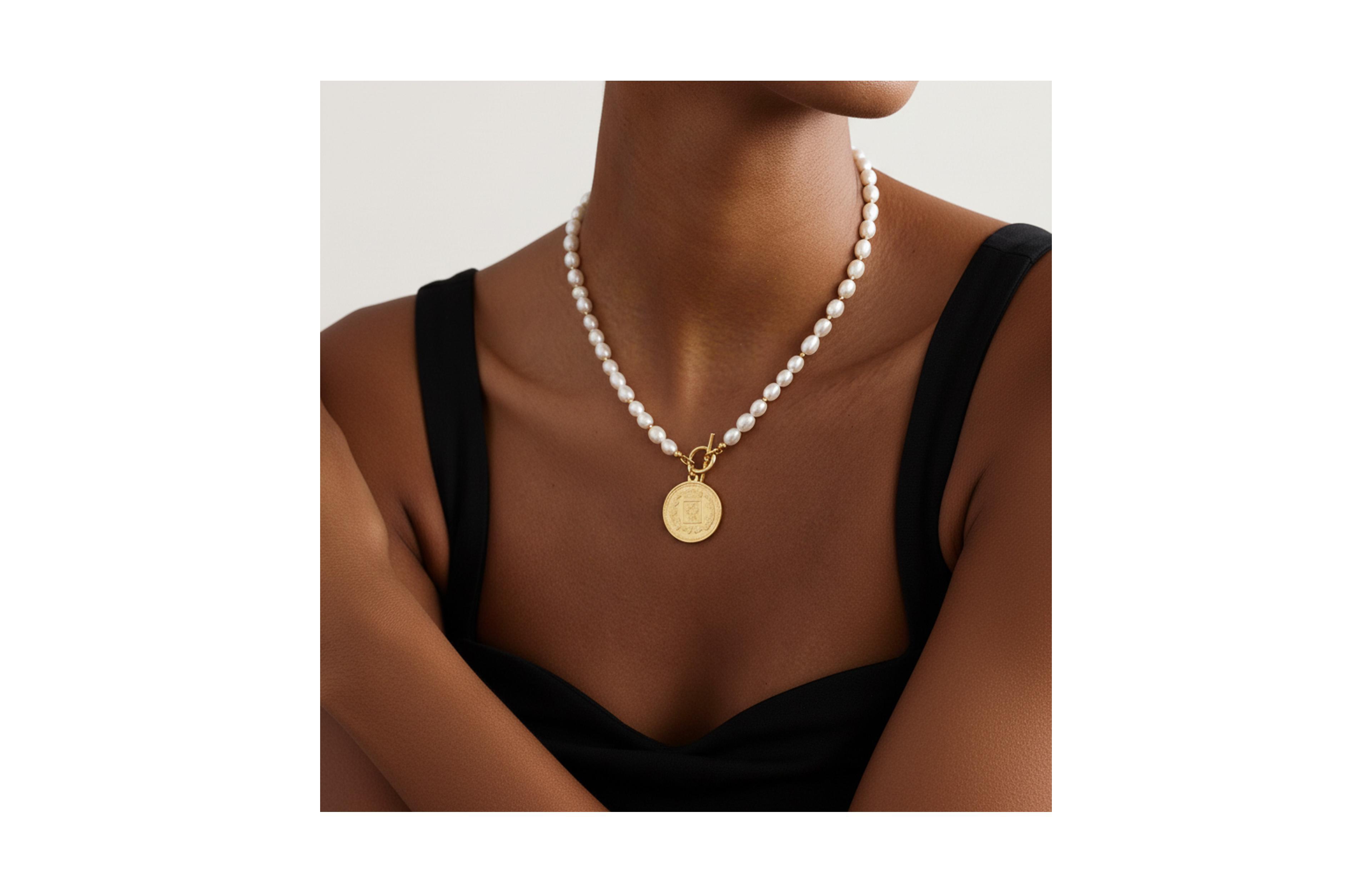 18K Gold Plated Freshwater Pearls with a Coin Pendant - Giorgia Pearl Necklace 17" For Women