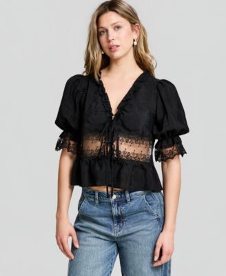Petite Soft Set Tie-Front Puff-Sleeve Top