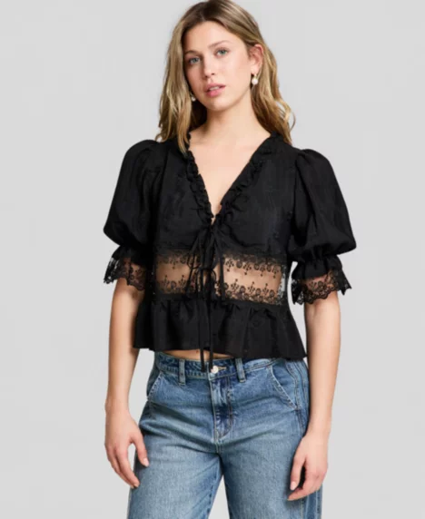 Petite Soft Set Tie-Front Puff-Sleeve Top - Black