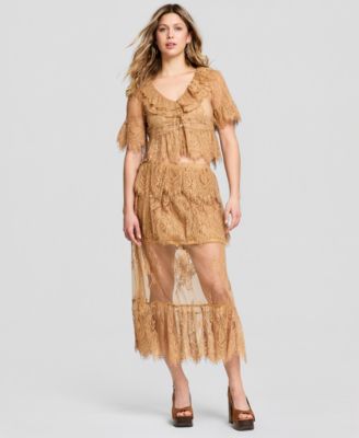 Women's Lace Short-Sleeve V-Neck Ruffle Woven Top