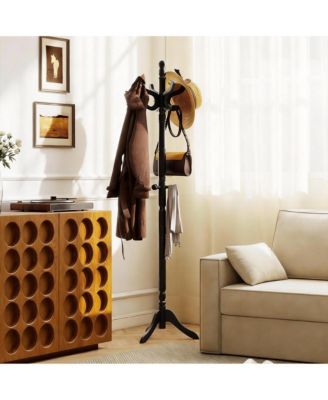 Adjustable Height Coat Rack with 11 Hooks, Solid Rubber Wood