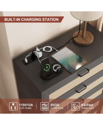 5 Drawer Rattan Dresser for Bedroom, 47.27” Tall Dresser with Power Outlets, Wood Dresser Chest of Drawers with Metal Handles