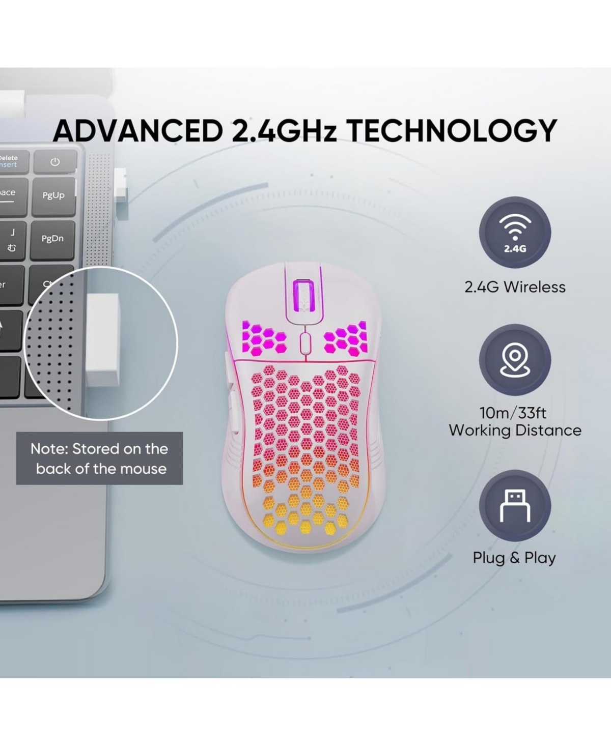 Risokeys Wireless Gaming Mouse, Lightweight Honeycomb Shell, 2.4G Stable Connection, 4 Dpi Adjustable