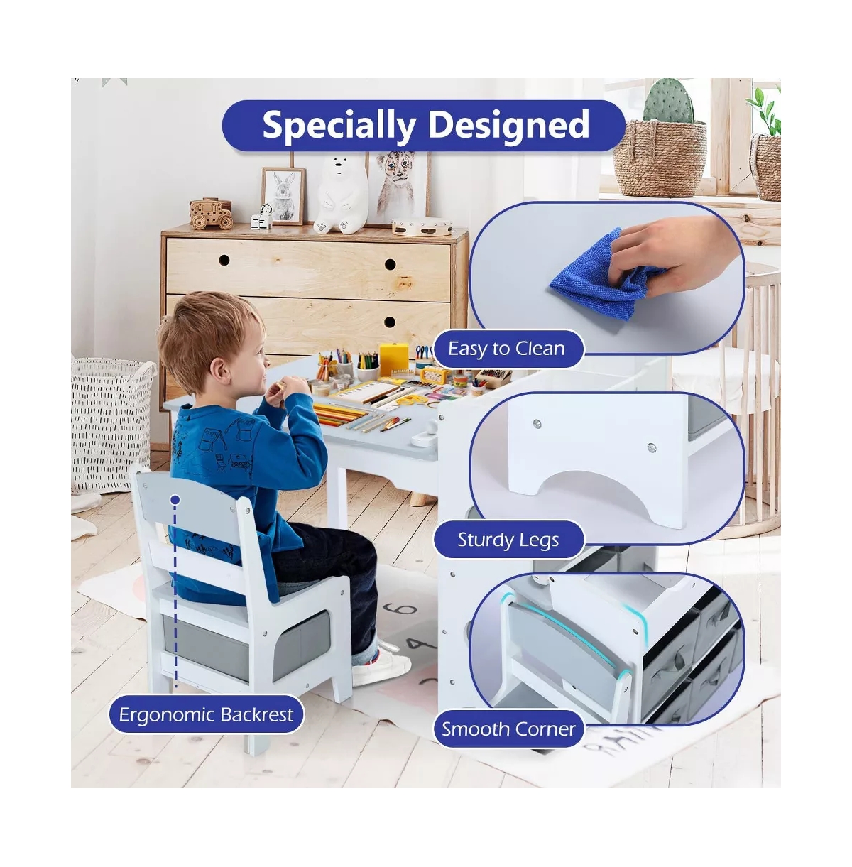 Kinder King 3-in-1 Kids Table and 2 Chairs Set with Storage, Removable Top Chalkboard for Art, Crafts, Reading