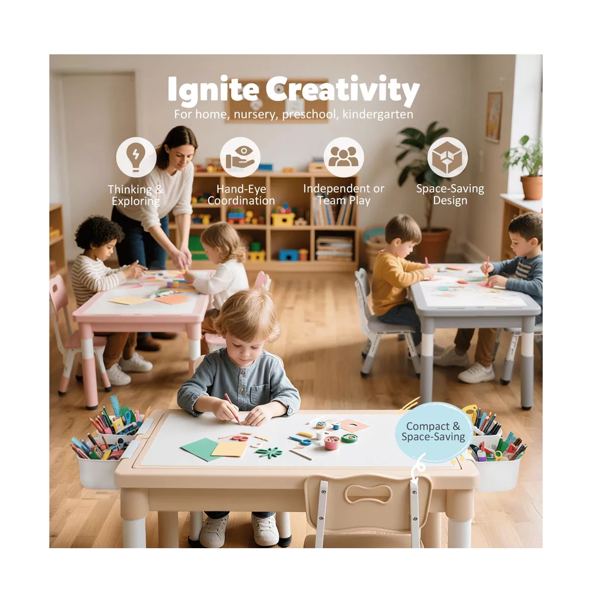 Kinder King Kids Table and Chair Set, Activity Desk for Drawing, Building Blocks, Play, Pink