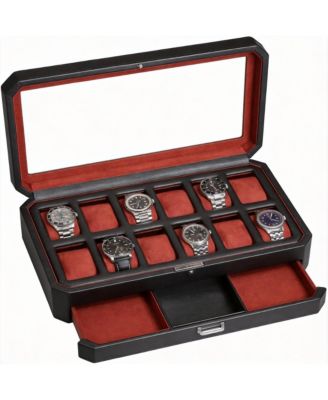 Yigii Luxury Watch Box - 12 Watches, Pu Leather, Glass Lid, Accessory Drawer - Dark Red