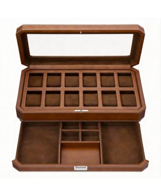 Yigii Luxury Watch Box - 12 Watches, Pu Leather, Glass Lid, Accessory Drawer - Brown