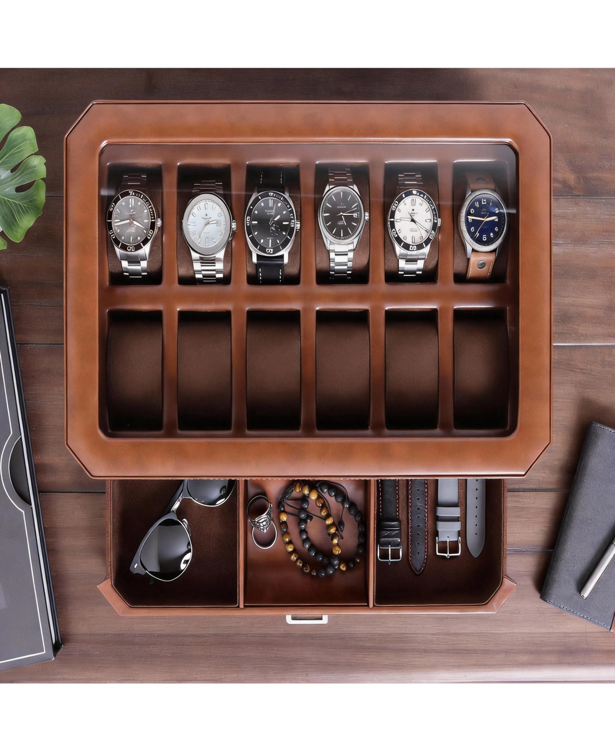 Yigii Luxury Watch Box - 12 Watches, Pu Leather, Glass Lid, Accessory Drawer