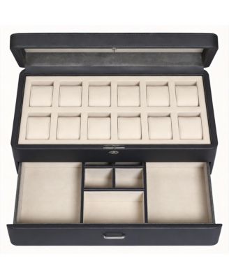 Yigii Luxury Watch Box - 12 Watches, Pu Leather, Glass Lid, Accessory Drawer - Black