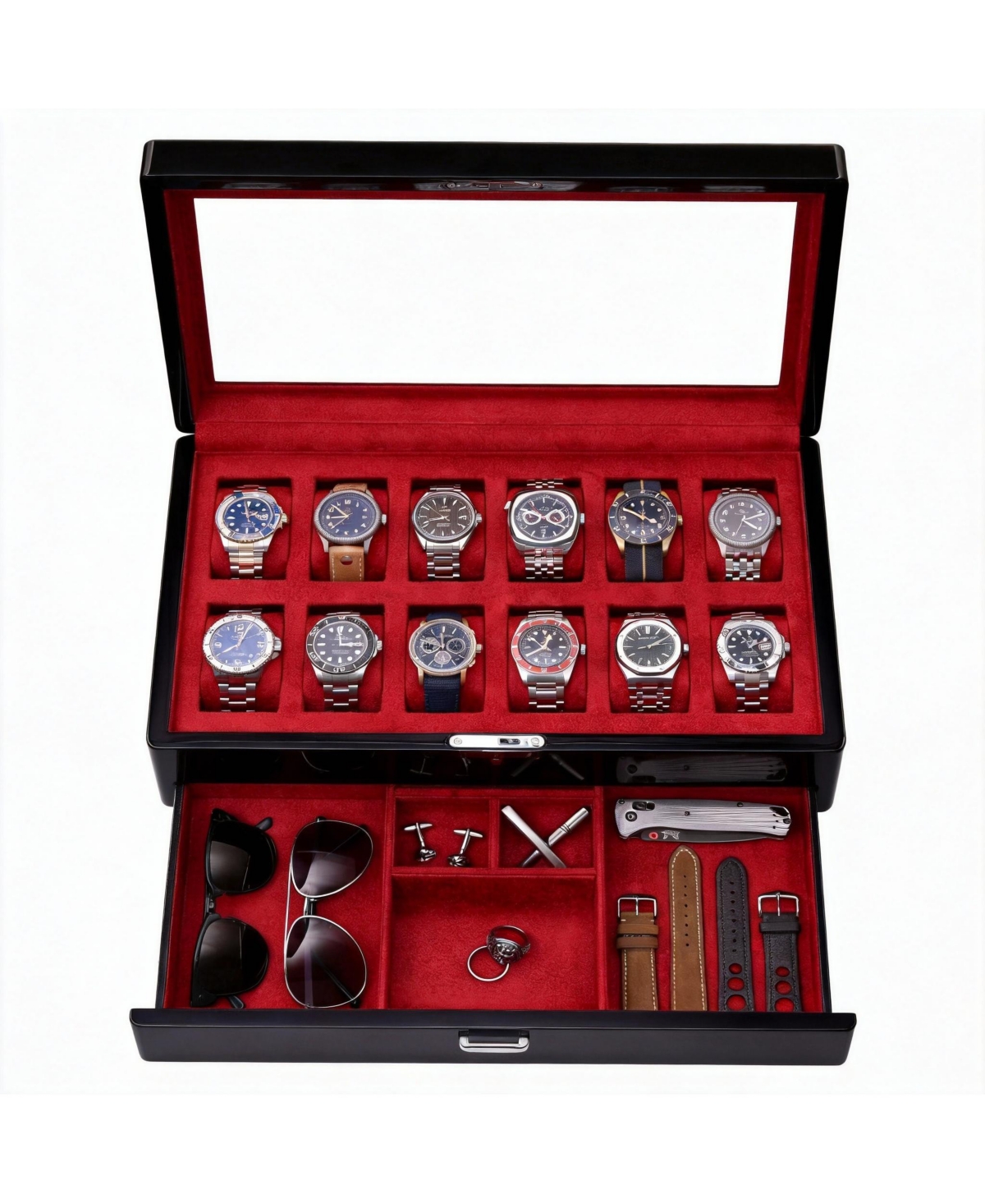 Yigii Luxury Watch Box - 12 Watches, Pu Leather, Glass Lid, Accessory Drawer - Red