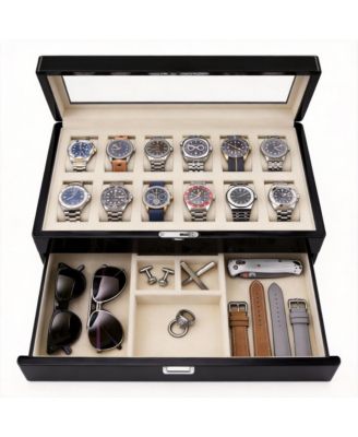 Yigii Luxury Watch Box - 12 Watches, Pu Leather, Glass Lid, Accessory Drawer - Beige/Khaki