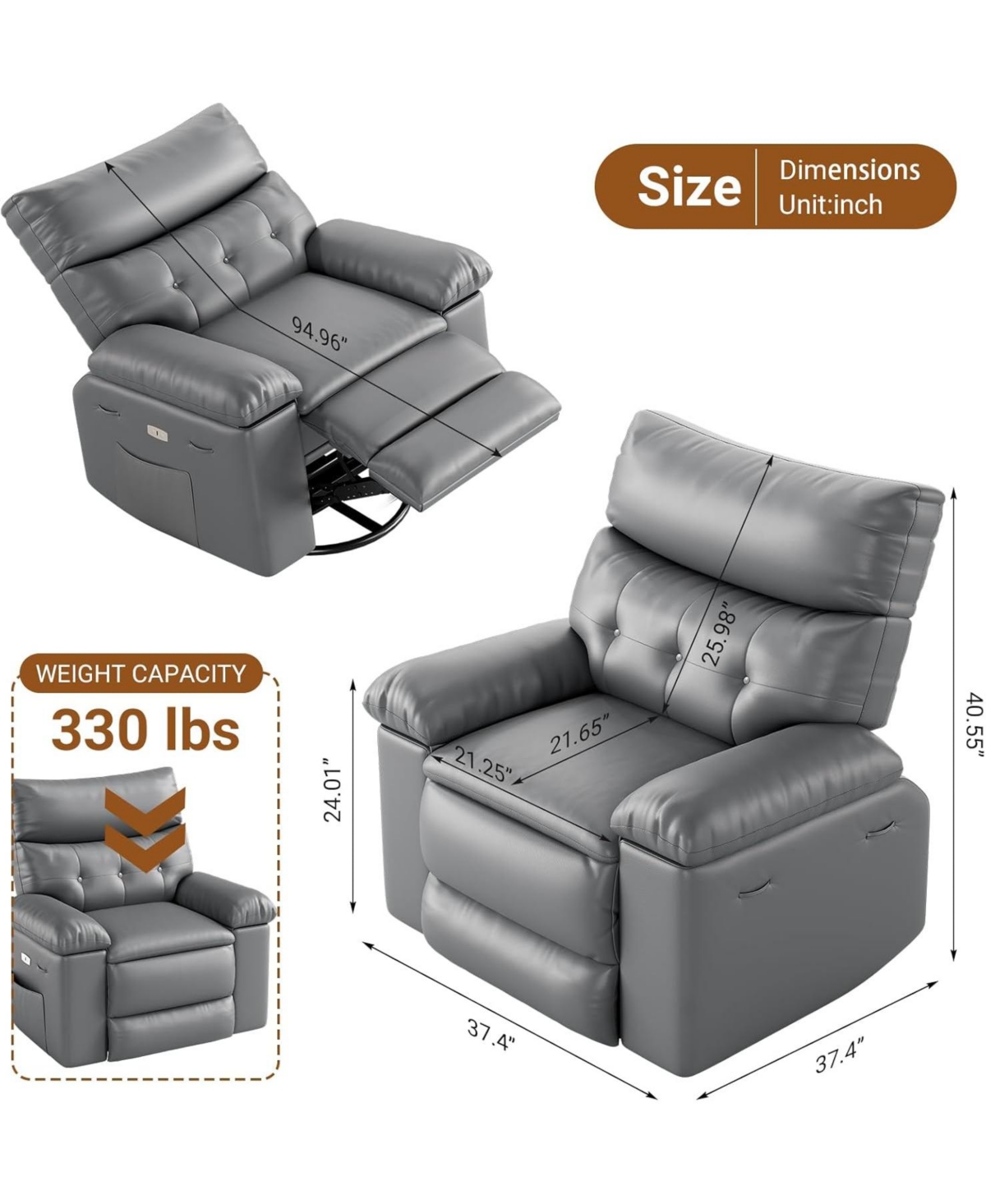 gaomon Swivel Recliner Chair with Massage and Heat 22" Seat– 360° Rocking Recliner for Adults, Electric Recliner with Remote Control for Living Room