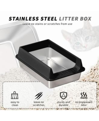 Medium Stainless Steel Cat Litter Box in Black, Anti-Rust & Odor Control Pan
