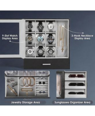 9-Slot Vertical Watch Case for Men with Necklace Display and 3-Tier Drawer