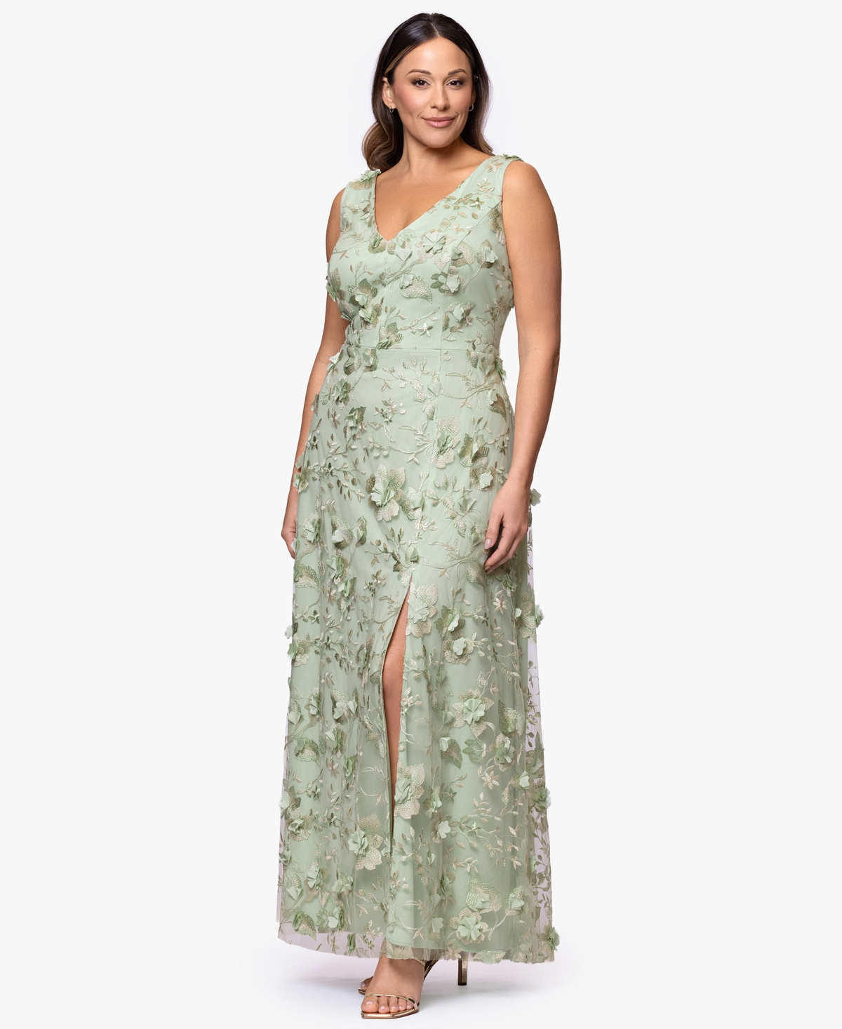 Xscape Plus A-Line Raised Flower V-Neck Ball Gown