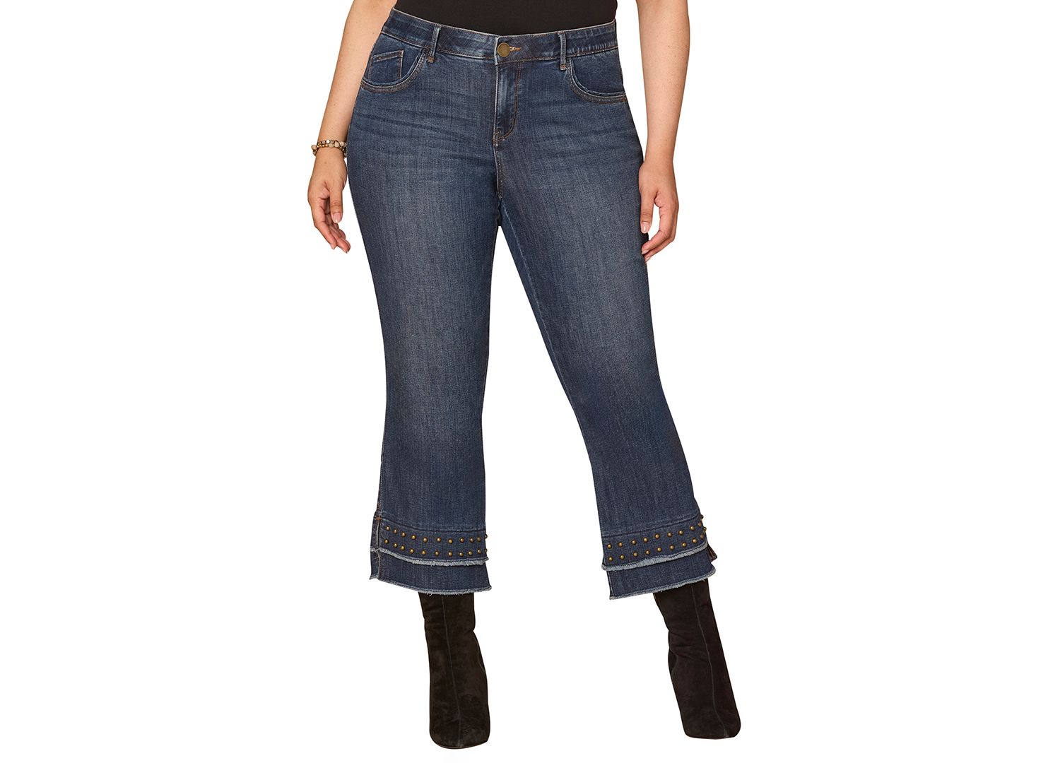 Plus Size Double Layer Fray Hem Studs Jeans