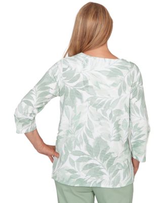 Petite Monotone Leaf Print Split Neck Top