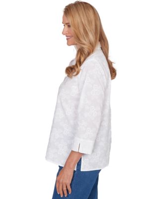 Petite Flower Embroidered Button-Down Top