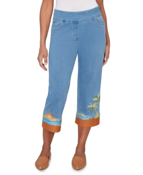 Petite Beachcomber Embroidered Capri Pants - Light Indigo