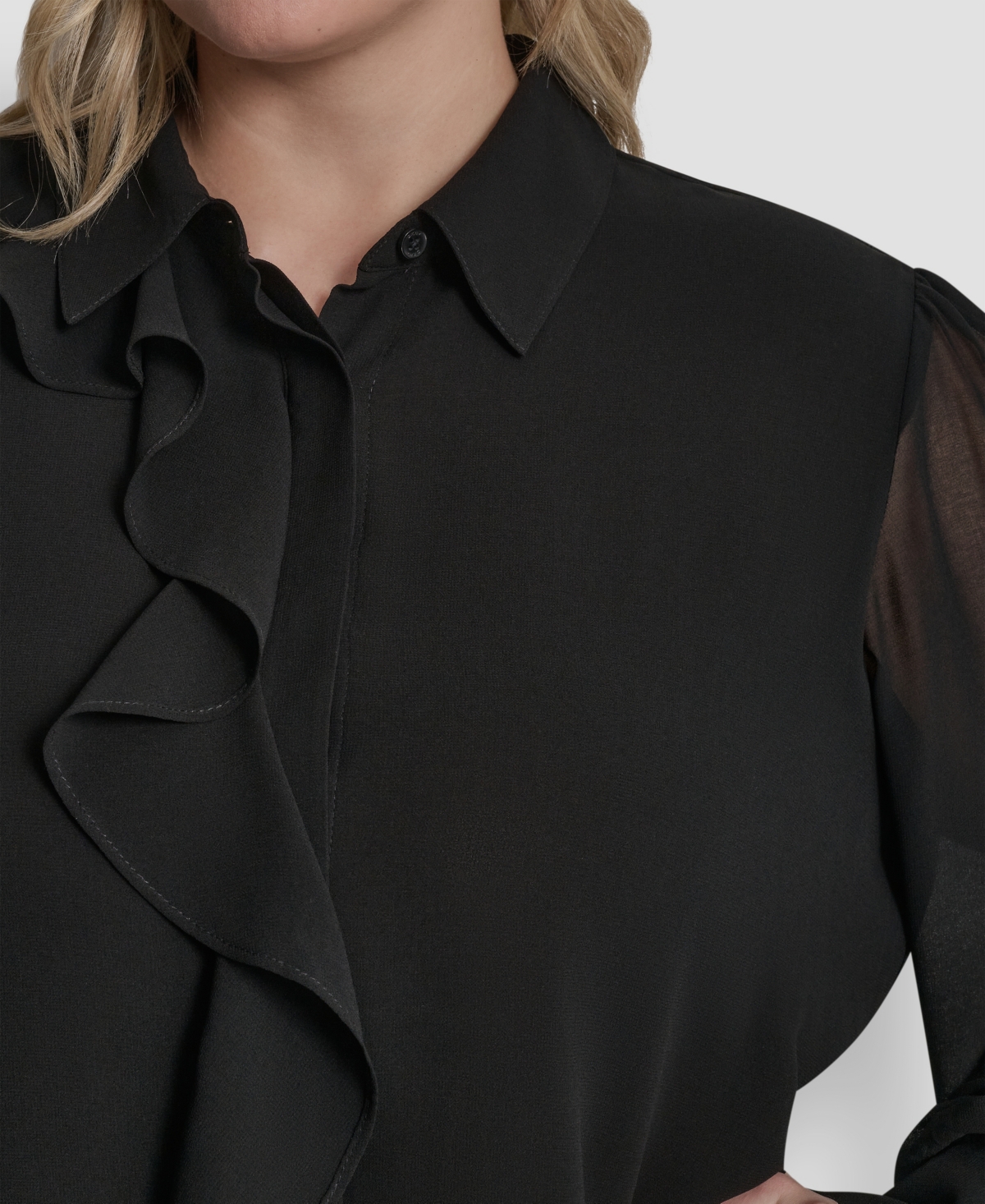 Dkny Plus Collared Ruffle Detail Long-Sleeve Top