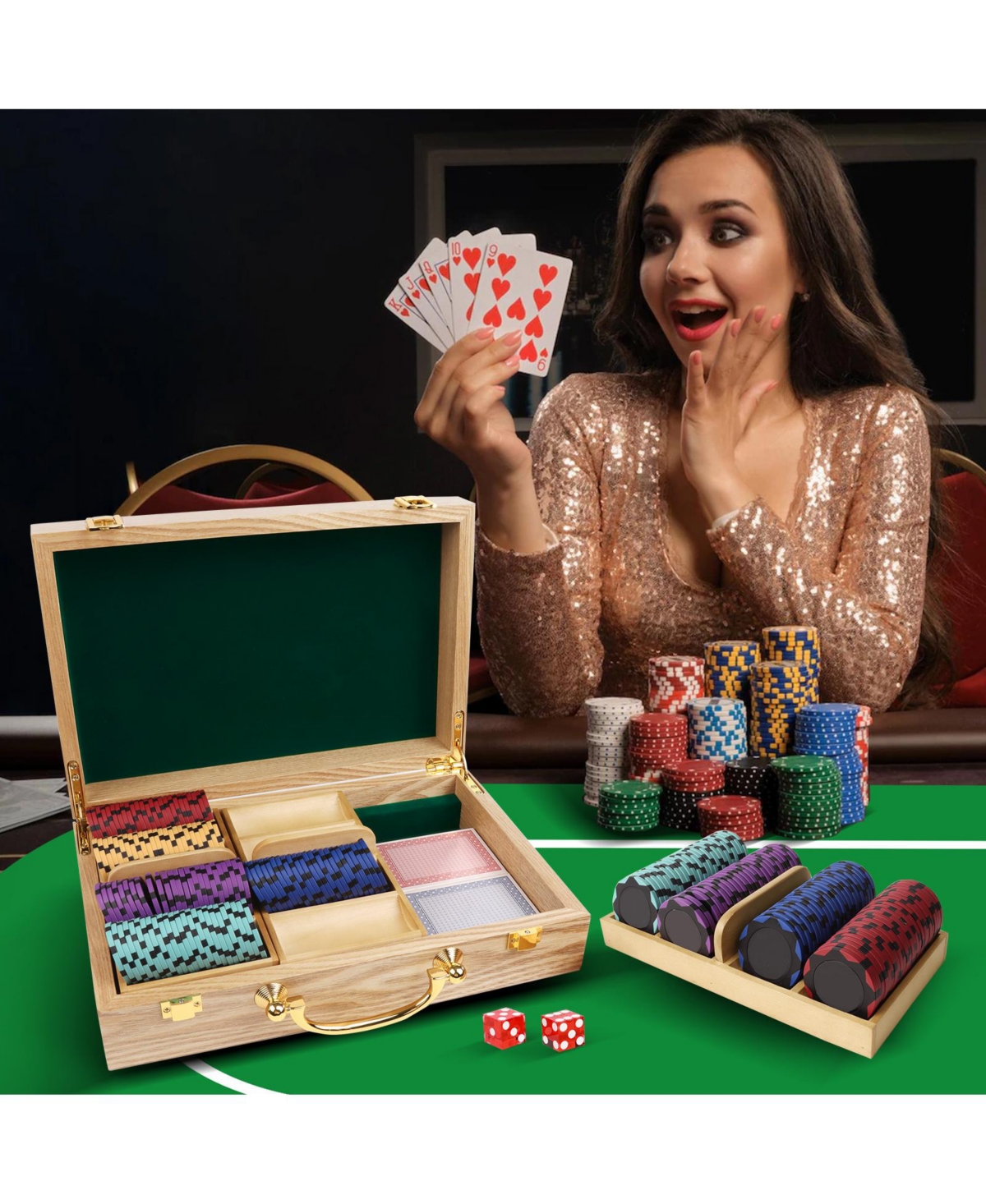 Gse Games & Sports Expert Casino Wooden Poker Chip Case with Trays for Nights 300 Pieces