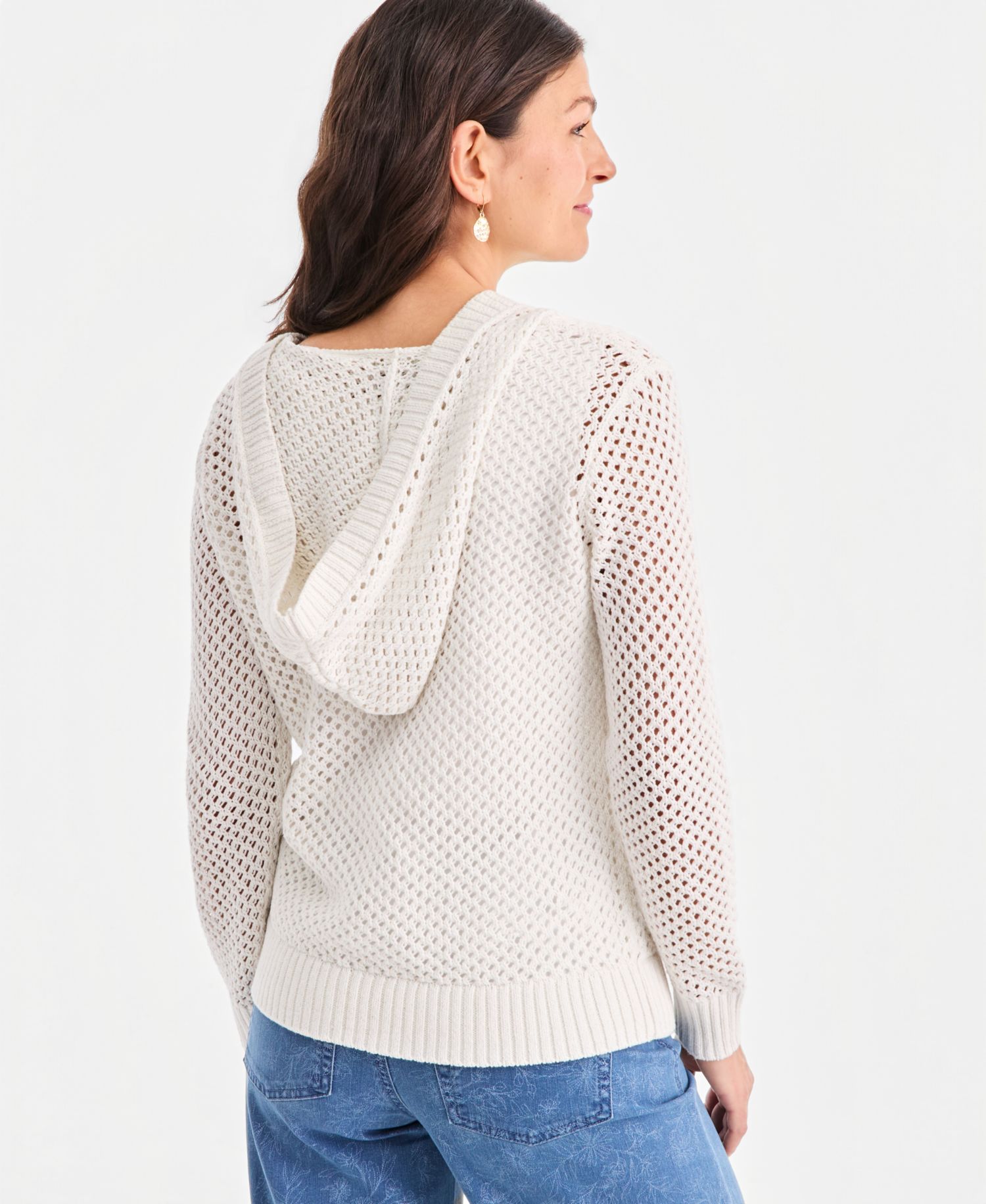 Petite Long-Sleeve Open Stitch V-Neck Hooded Sweater