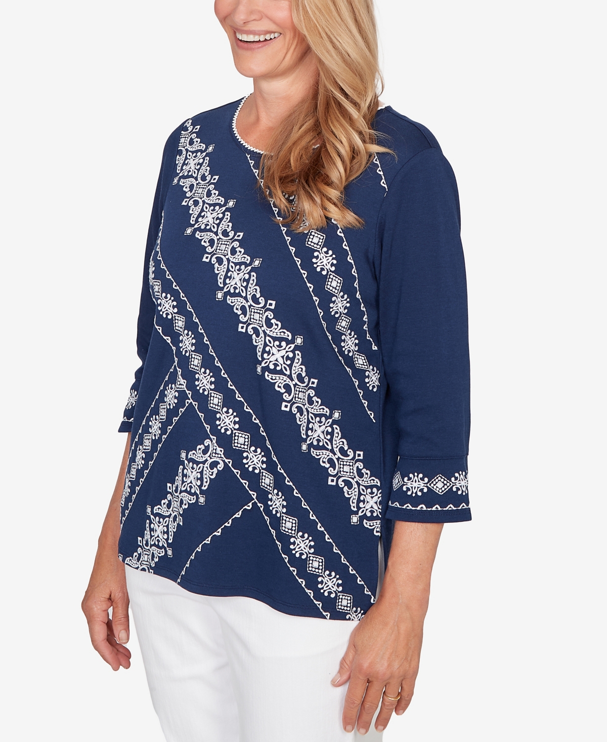 Alfred Dunner Petite Mykonos Diagonal Scroll Embroidered Crew Neck Top