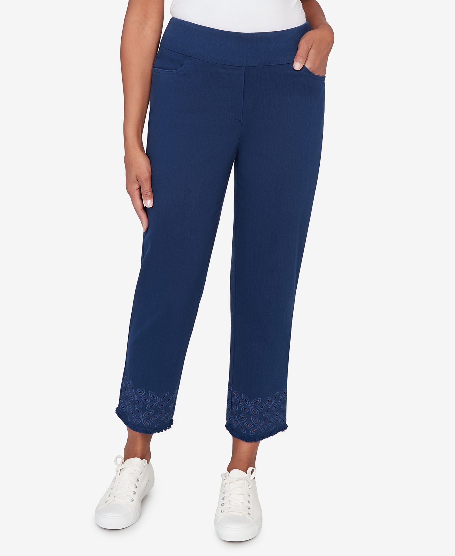 Petite Mykonos Geometric Embroidered Super Stretch Denim Ankle Pants